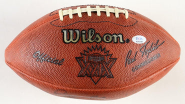 "Pro Football Greats" Super Bowl XXIX Logo Football With Acrylic Display Case Signed By (8) With Lynn Swann, Dan Reeves, Joe Greene, Daryl Johnston (PSA) (Online Order Only)