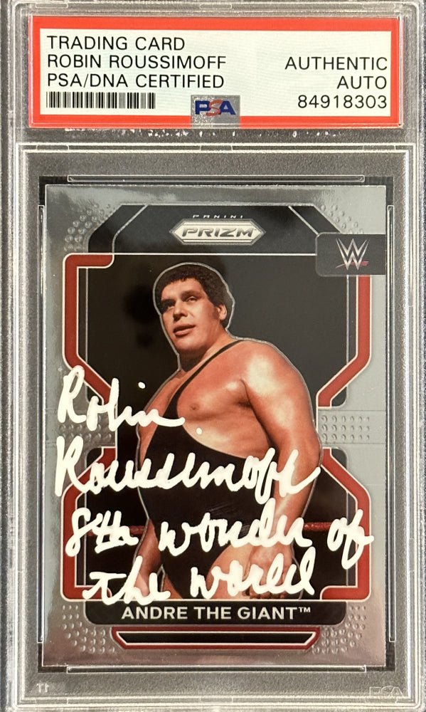 Robin Roussimoff Signed 2022 Panini Prizm WWE Andre the Giant #200 Inscribed "8th Wonder of the World" (PSA) (Online Order Only)