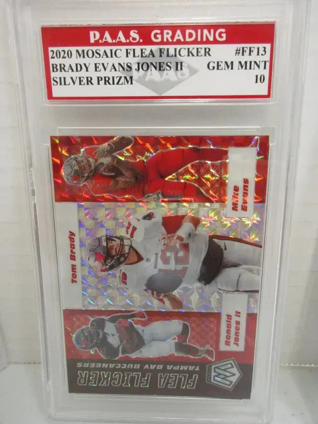 Tom Brady, Evans, Jones II 2020 Mosaic Flea Flicker Silver Prizm #FF13 graded PAAS Gem Mint 10 (Online Order Only)