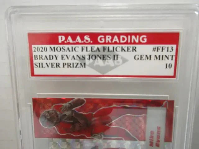 Tom Brady, Evans, Jones II 2020 Mosaic Flea Flicker Silver Prizm #FF13 graded PAAS Gem Mint 10 (Online Order Only)