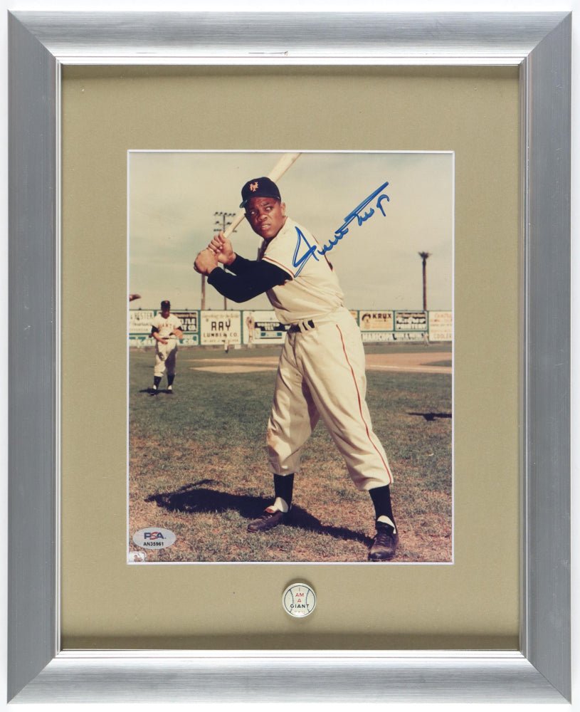 Willie Mays Signed Giants Custom Framed Photo Display with Vintage 1955 Giants Pin (PSA) (Online Order Only)