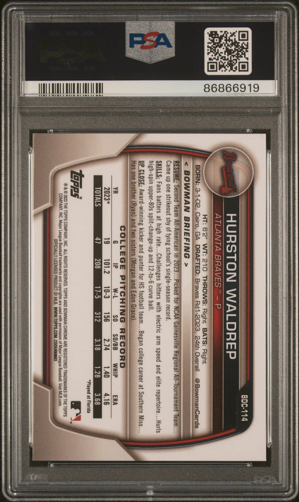 Graded 2023 Topps Bowman Draft Sapphire Hurston Waldrep #BDC114 Rookie RC Baseball Card PSA 10 Gem Mint (ONLINE ORDER ONLY)