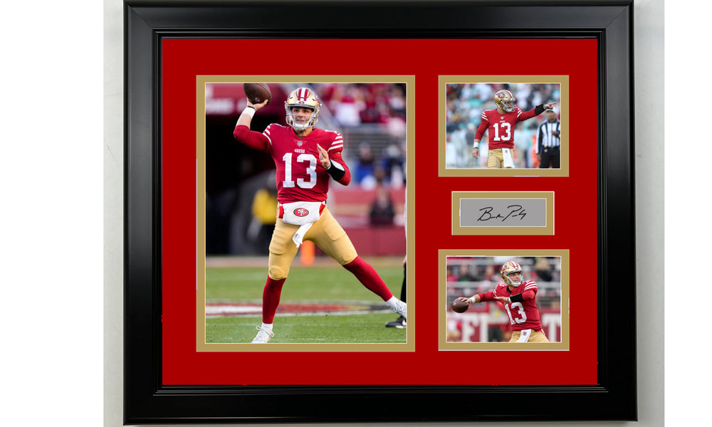 Framed San Francisco 49ers Brock Purdy Facsimile Laser Engraved Signature Football 14x11 3 Photo Collage (ONLINE ORDER ONLY)