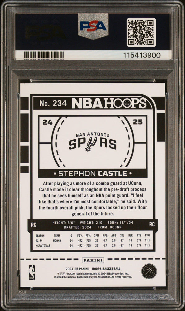 Graded 2024 Panini Hoops Stephon Castle #234 Rookie RC Basketball Card PSA 9 Mint (ONLINE ORDER ONLY)