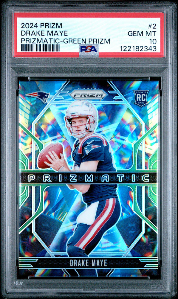 Graded 2024 Panini Prizm Drake Maye #2 Prizmatic Green Prizm Rookie RC Football Card PSA 10 Gem Mint (ONLINE ORDER ONLY)