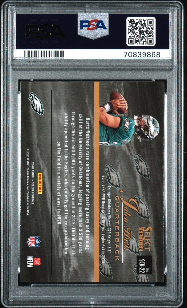 Graded 2020 Panini Select Jalen Hurts #SCR20 Select Certified Rookies Rookie RC Football Card PSA 10 Gem Mint (ONLINE ORDER ONLY)