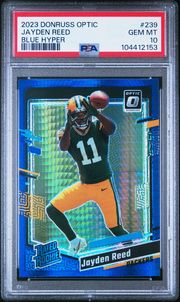 Graded 2023 Panini Donruss Optic Jayden Reed #239 Blue Hyper Rookie RC Football Card PSA 10 Gem Mint (ONLINE ORDER ONLY)
