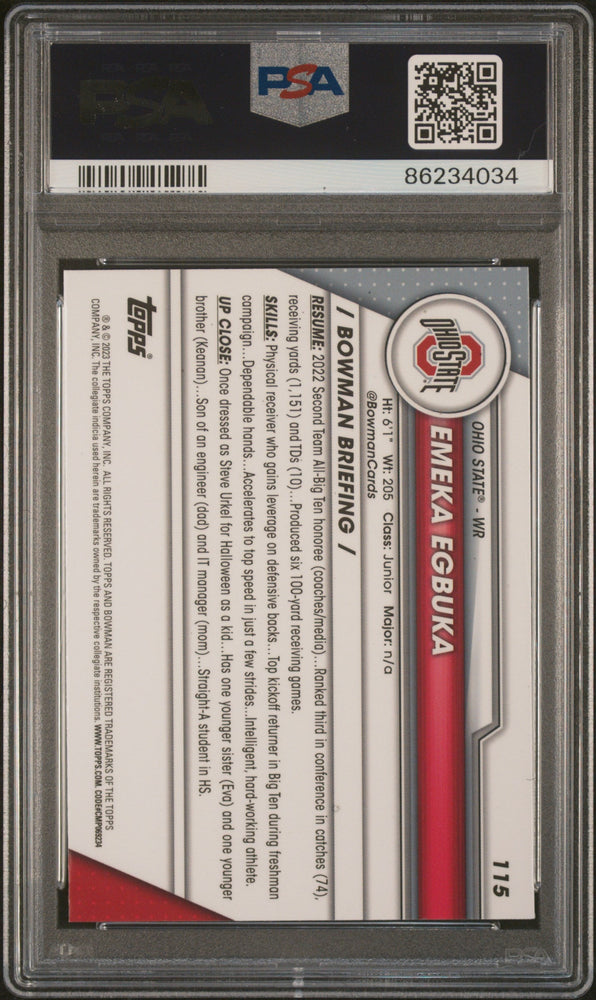 Graded 2023 Topps Bowman U Sapphire Emeka Egbuka #115 Rookie RC Football Card PSA 10 Gem Mint (ONLINE ORDER ONLY)