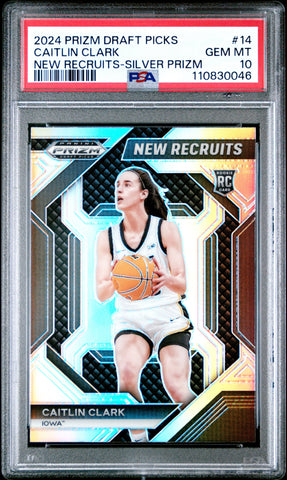 Graded 2024 Panini Prizm Draft Picks Caitlin Clark #14 New Recruits Silver Prizm Rookie RC Basketball Card PSA 10 Gem Mint (ONLINE ORDER ONLY)