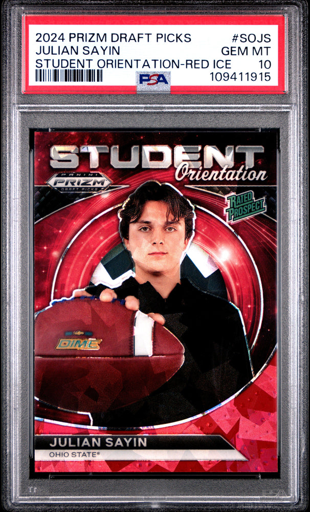 Graded 2024 Panini Prizm Draft Picks Julian Sayin #SOJS Student Orientation Red Ice Rookie RC Football Card PSA 10 Gem Mint (ONLINE ORDER ONLY)