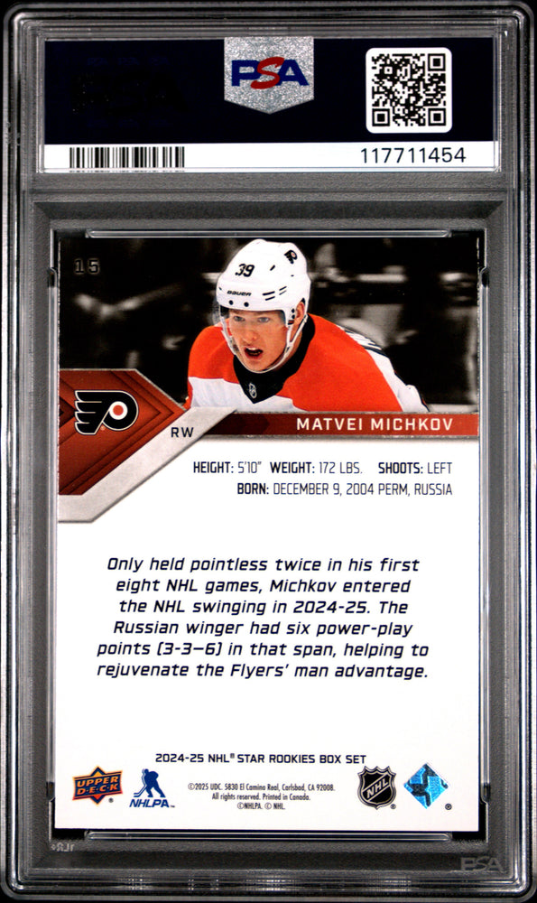 Graded 2024 Upper Deck Star Rookie Matvei Michkov #15 Box Set Rookie RC Hockey Card PSA 9 Mint (ONLINE ORDER ONLY)