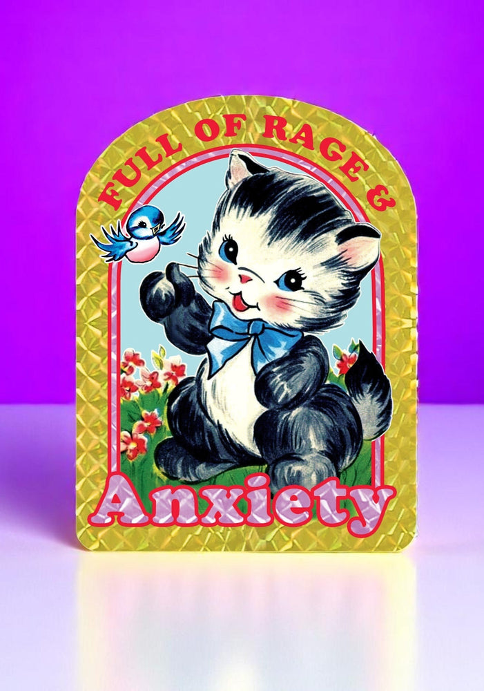 Full of Rage & Anxiety – Retro Cat Holographic Sticker (ONLINE ORDER ONLY)