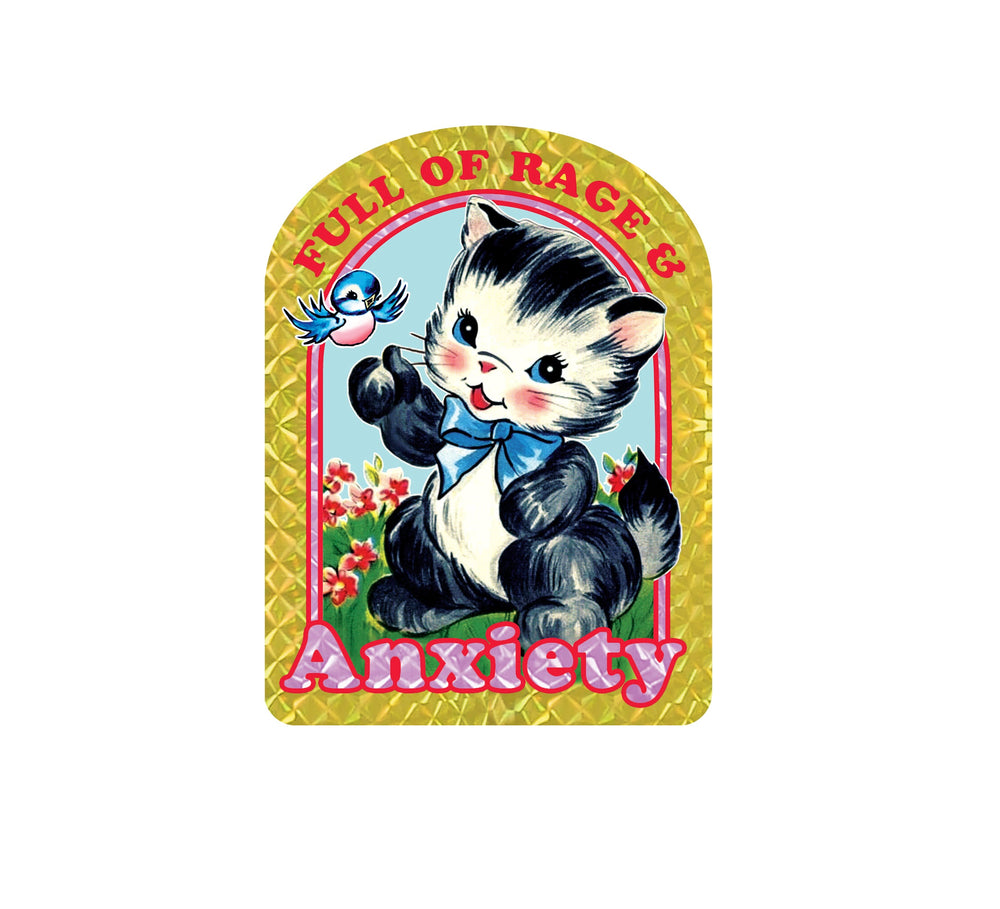 Full of Rage & Anxiety – Retro Cat Holographic Sticker (ONLINE ORDER ONLY)