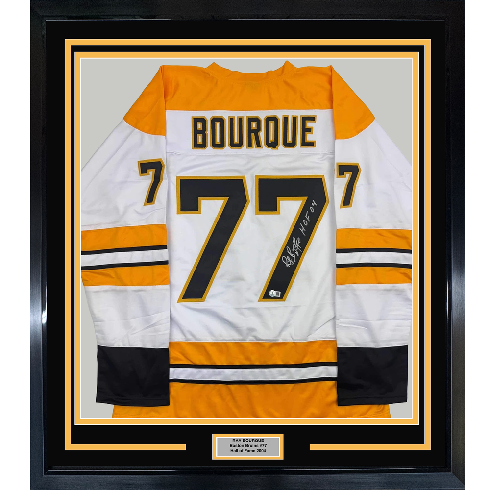 Framed Autographed/Signed Ray Bourque 35x39 Boston White Hockey Jersey JSA COA