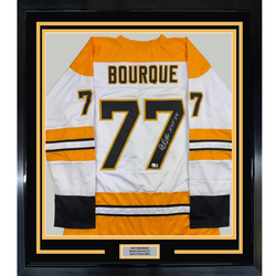 Framed Autographed/Signed Ray Bourque 35x39 Boston White Hockey Jersey JSA COA