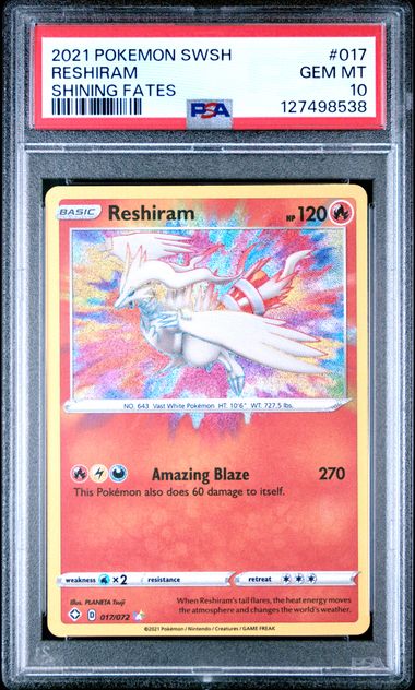 Graded 2021 PKM Sword & Shield Reshiram Holo #017 Shining Fates Trading Card Game PSA 10 Gem Mint