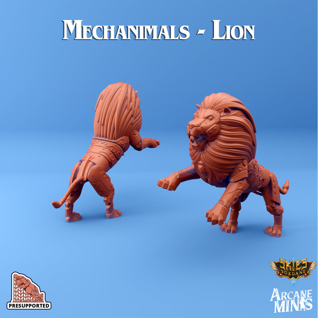 3D Printed Sordane Publishing Arcane Minis Mechanimal Lion Mechanimals Set 28mm 32mm D&D (Online Only)