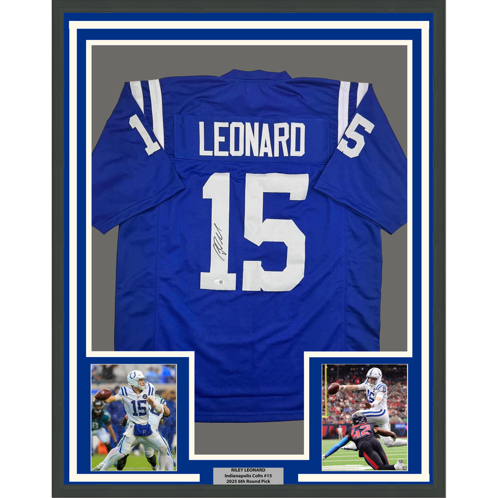 Framed Autographed/Signed Riley Leonard 35x39 Indianapolis Blue Football Jersey JSA COA