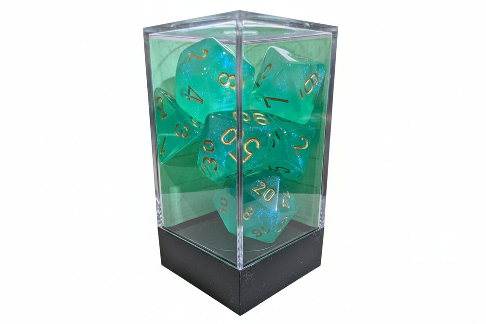 Chessex Borealis Light Green/Gold 7-Die Set –  Polyhedral Dice (OOP Non-Luminary, Rare)