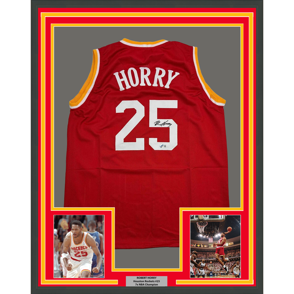 Framed Autographed/Signed Robert Horry 35x39 Houston Red Basketball Jersey Beckett BAS COA