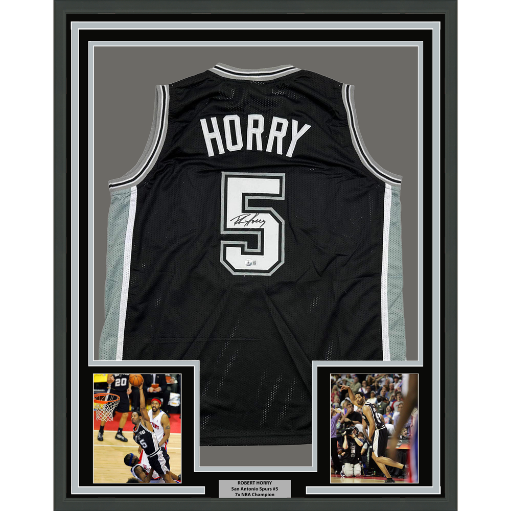 Framed Autographed/Signed Robert Horry 35x39 San Antonio Black Basketball Jersey Beckett BAS COA