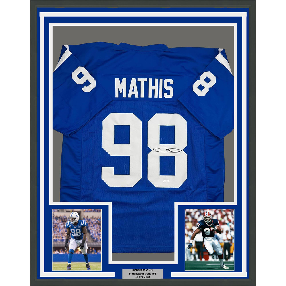 Framed Autographed/Signed Robert Mathis 35x39 Indianapolis Blue Football Jersey JSA COA