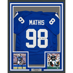 Framed Autographed/Signed Robert Mathis 35x39 Indianapolis Blue Football Jersey JSA COA