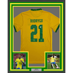 Framed Autographed/Signed Rodrygo Silva de Goes 35x39 Brazil Yellow Soccer World Cup Jersey Beckett BAS COA