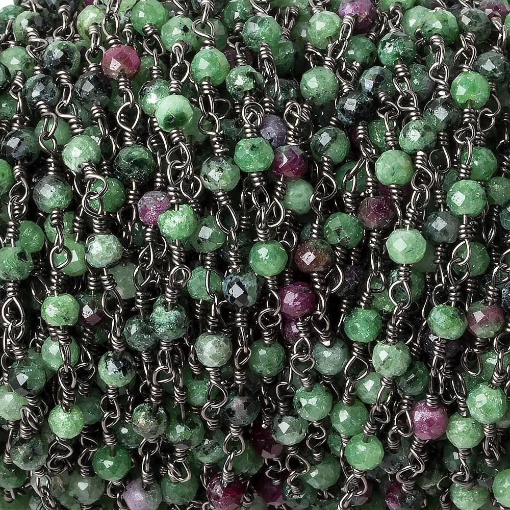 Ruby in Zoisite micro-faceted rondelle Black Gold plated Chain by the foot 40 beads (ONLINE ORDER ONLY)