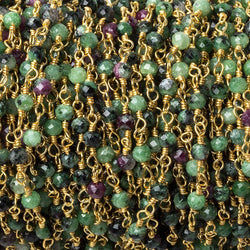 Ruby in Zoisite micro-faceted rondelle Gold plated Chain by the foot 40 beads (ONLINE ORDER ONLY)