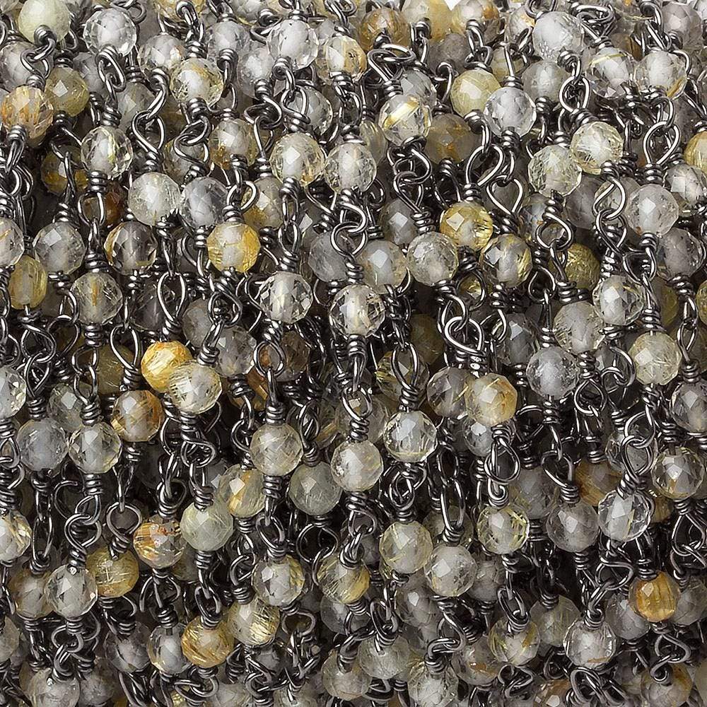 3mm Rutilated Quartz micro-faceted round Black Gold plated Chain (ONLINE ORDER ONLY)