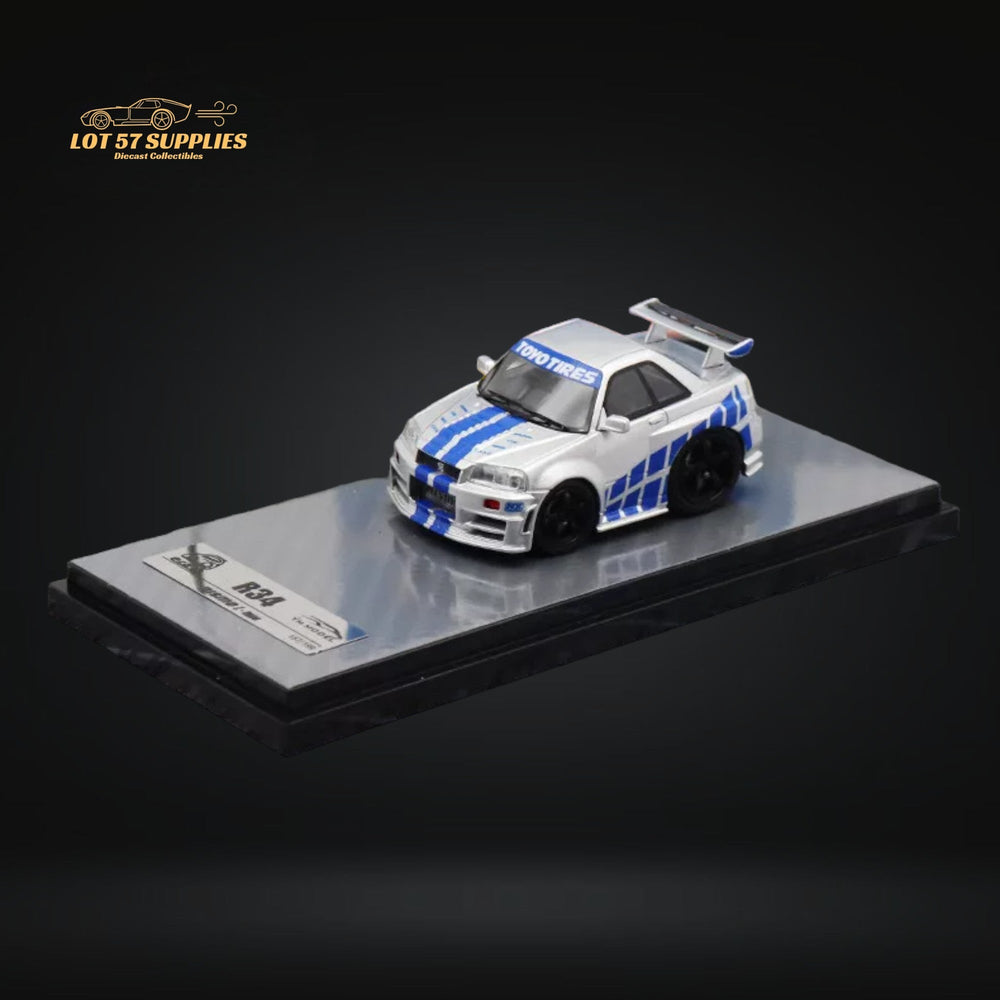 YM model X QCAR Skyline R34 Silver Blue F&F Livery Resin 1:64 (ONLINE ORDER ONLY)