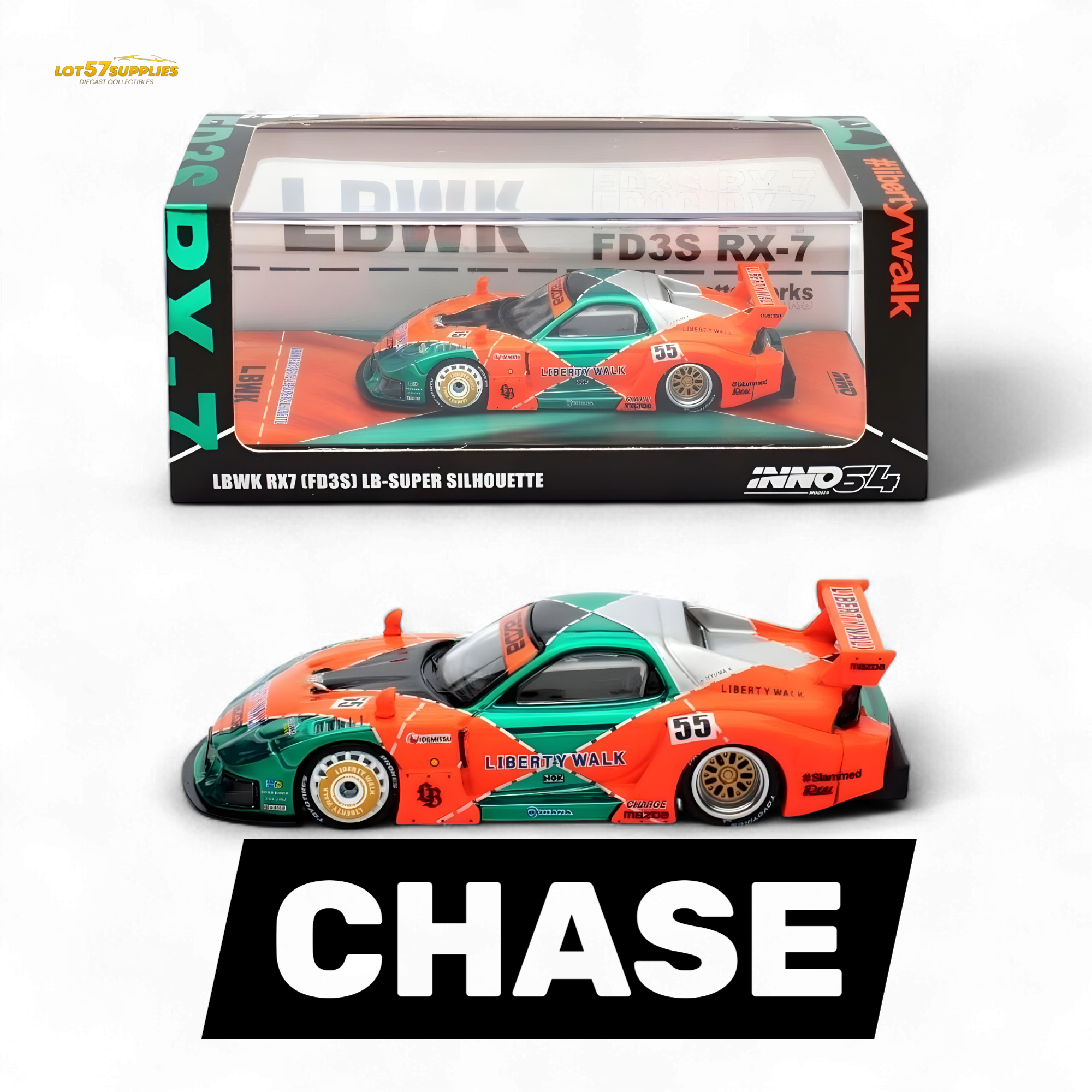 Inno64 CHASE Mazda RX-7 LBWK FD3S Orange/Green MDX 24' 1:64 (ONLINE ORDER ONLY)