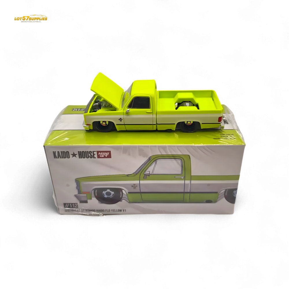 Mini GT x Kaido House Chevrolet Silverado FLO YELLOW 1:64 KHMG112 (ONLINE ORDER ONLY)