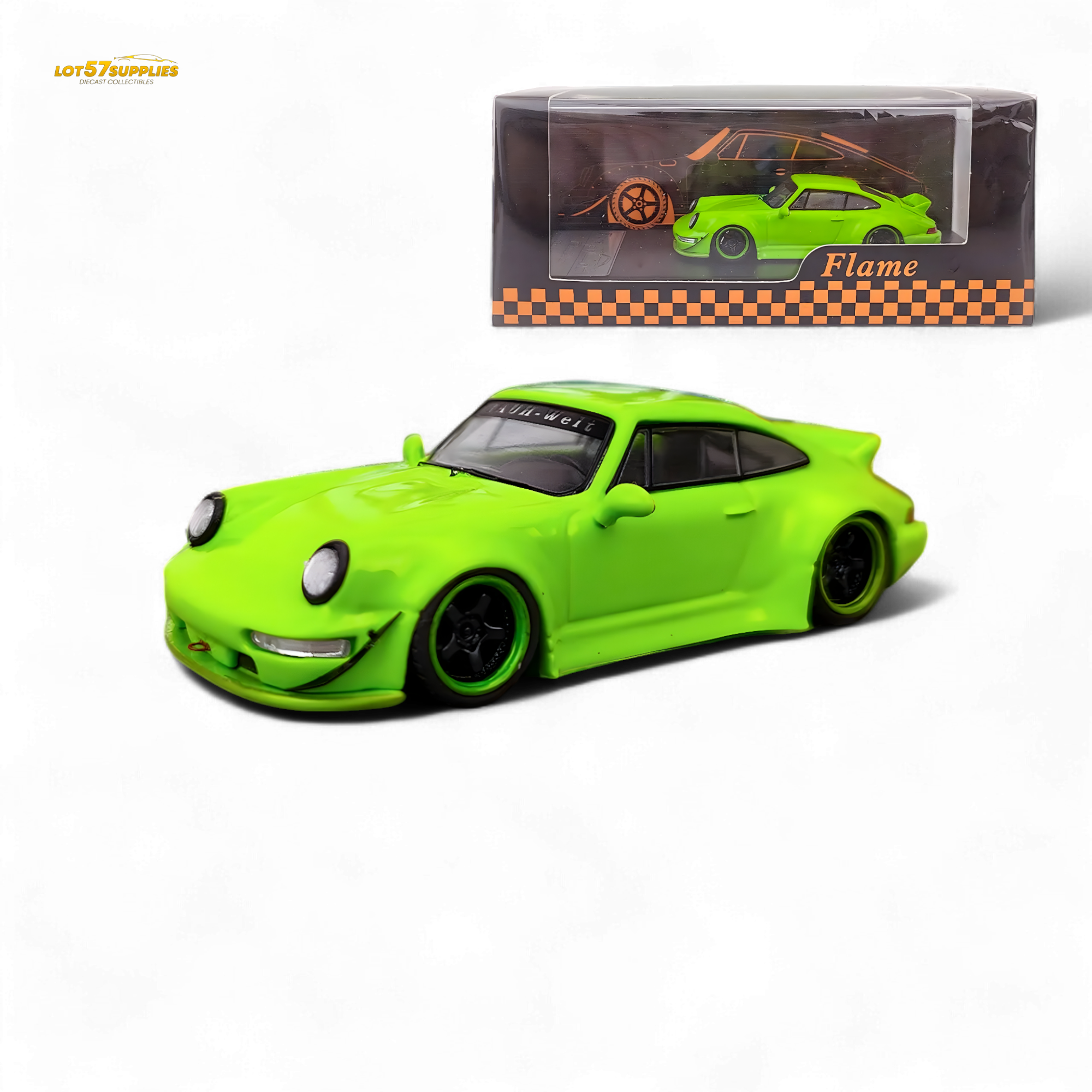 Flame Porsche 964 RWB Ducktail in Fluorescent Green 1:64 (ONLINE ORDER ONLY)