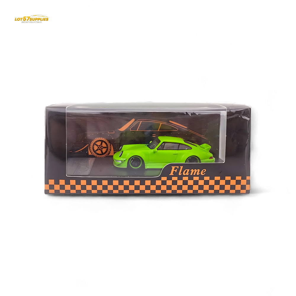 Flame Porsche 964 RWB Ducktail in Fluorescent Green 1:64 (ONLINE ORDER ONLY)