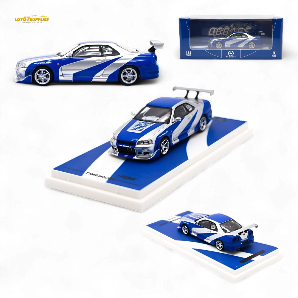 TimeMicro SKYLINE GT-R R34 - Blue Silver Ordinary 1:64 (ONLINE ORDER ONLY)