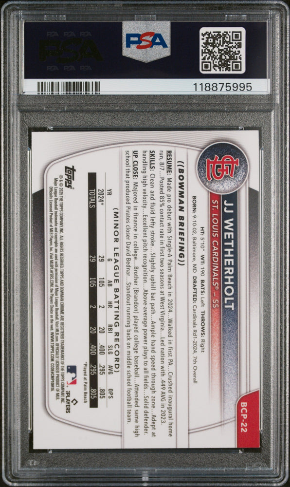 Graded 2025 Topps Bowman JJ Wetherholt #BCP22 Chrome Prospects Reptilian Refractor Rookie RC Baseball Card PSA 10 Gem Mint (ONLINE ORDER ONLY)
