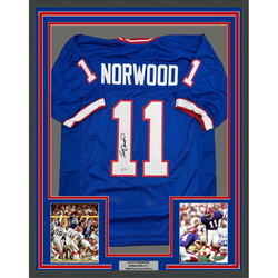 Framed Autographed/Signed Scott Norwood 35x39 Buffalo Blue Football Jersey Beckett BAS COA