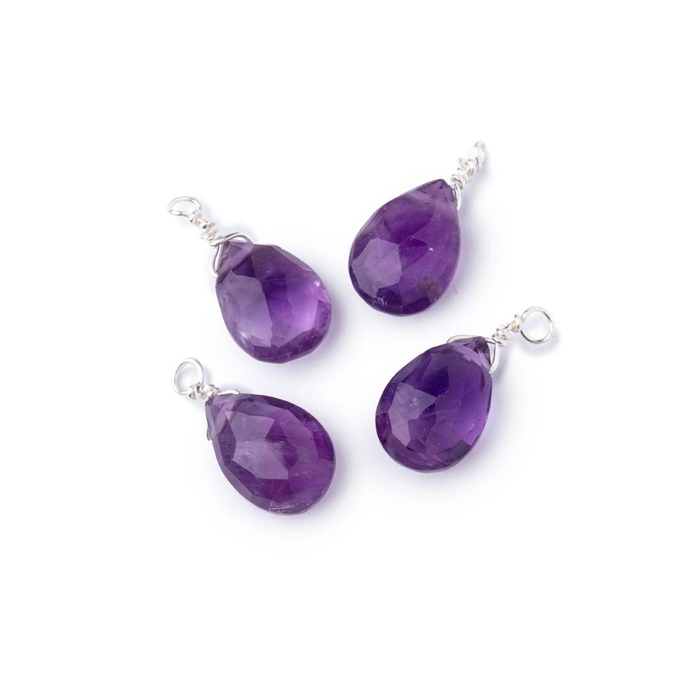 Set of 4 Silver Wire Wrapped 9x6mm Amethyst Faceted Pear Focals (ONLINE ORDER ONLY)