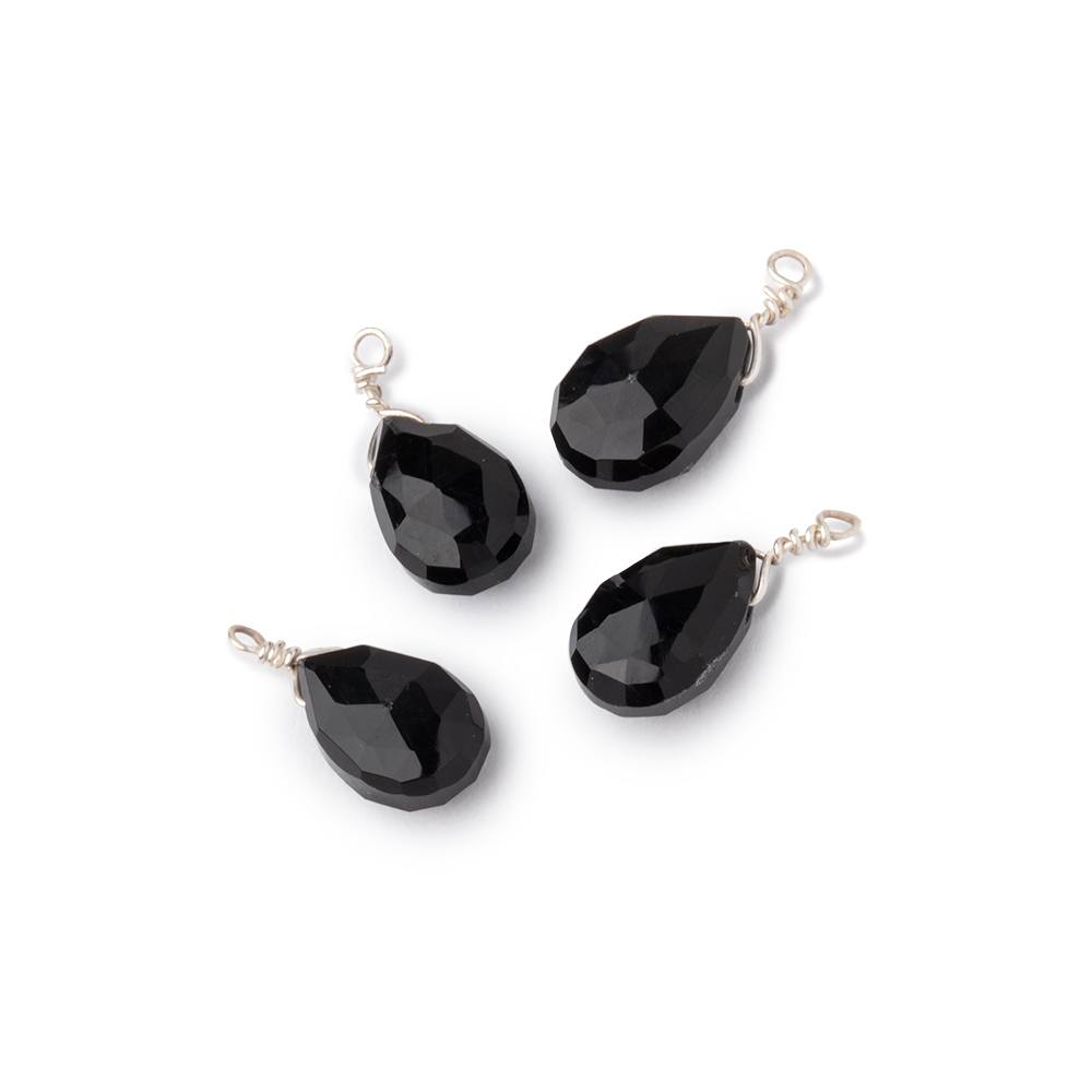 Set of 4 Silver Wire Wrapped 9x6mm Black Chalcedony Faceted Pear Focals (ONLINE ORDER ONLY)