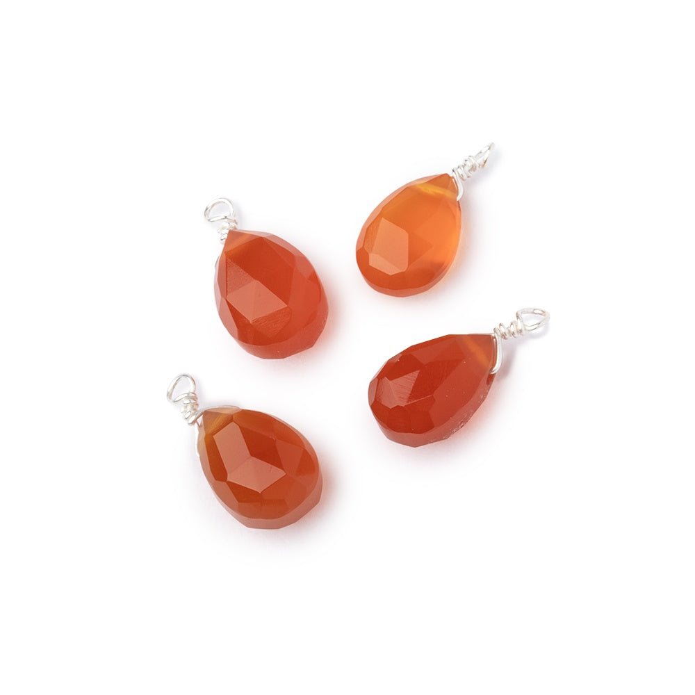 Set of 4 Silver Wire Wrapped 9x6mm Carnelian Faceted Pear Focals (ONLINE ORDER ONLY)