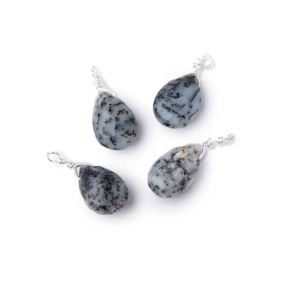 Set of 4 Silver Wire Wrapped 9x6mm Dendritic Opal Faceted Pear Focals (ONLINE ORDER ONLY)