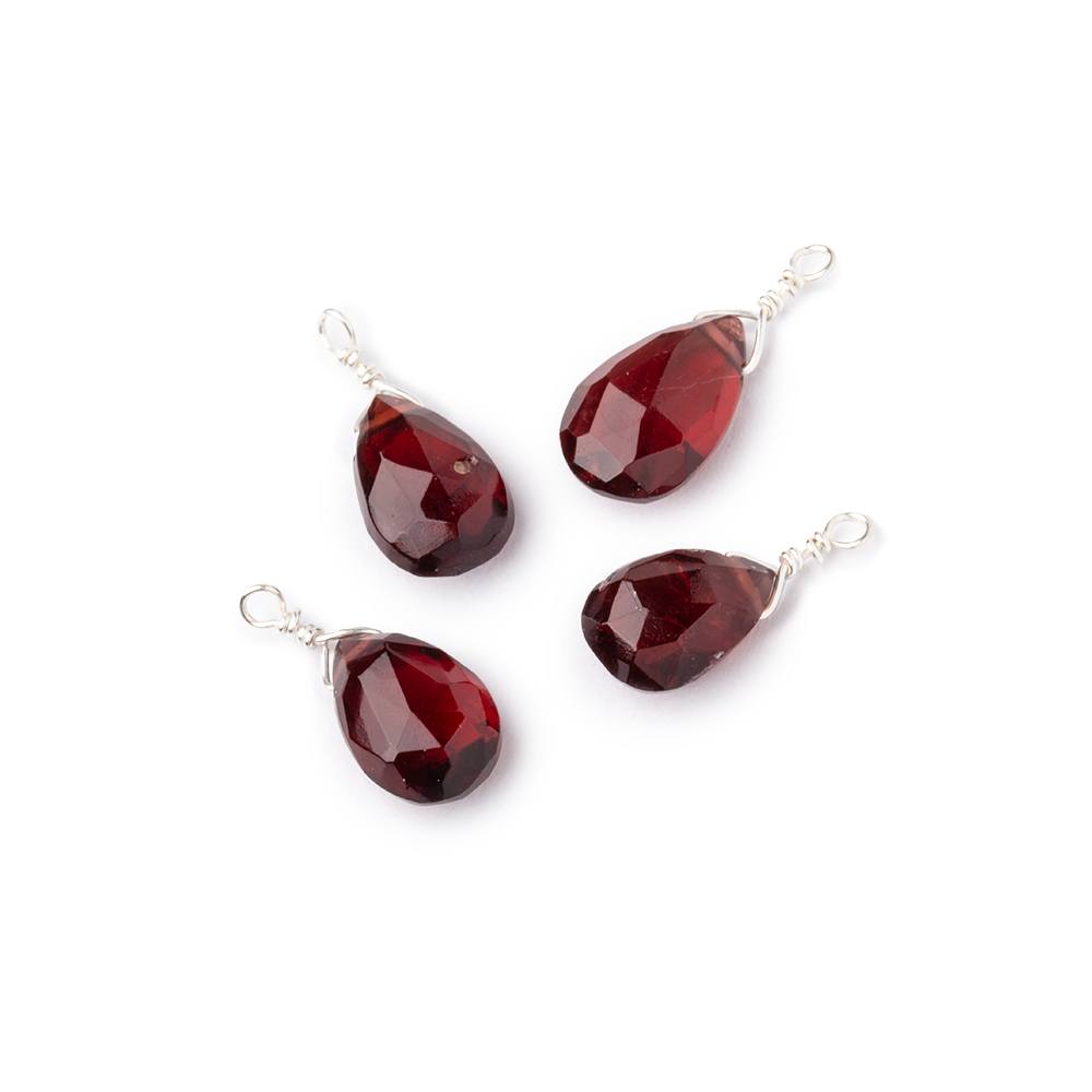 Set of 4 Silver Wire Wrapped 9x6mm Garnet Faceted Pear Focals (ONLINE ORDER ONLY)