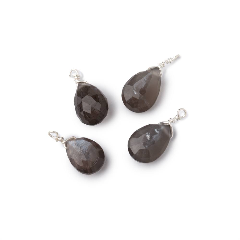 Set of 4 Silver Wire Wrapped 9x6mm Gray Moonstone Faceted Pear Focals (ONLINE ORDER ONLY)
