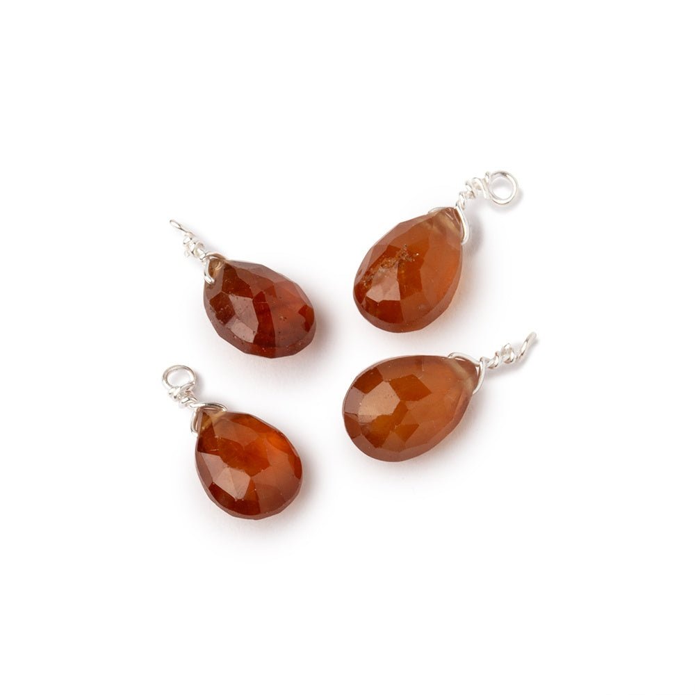 Set of 4 Silver Wire Wrapped 9x6mm Hessonite Garnet Faceted Pear Focals (ONLINE ORDER ONLY)