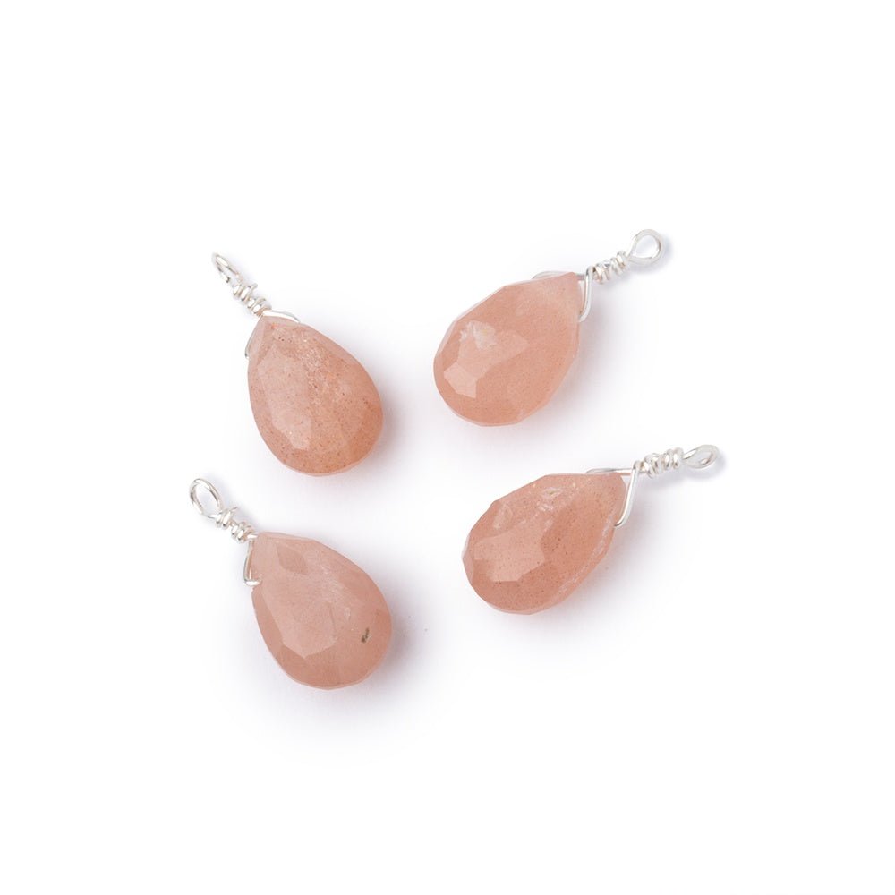 Set of 4 Silver Wire Wrapped 9x6mm Peach Moonstone Faceted Pear Focals (ONLINE ORDER ONLY)