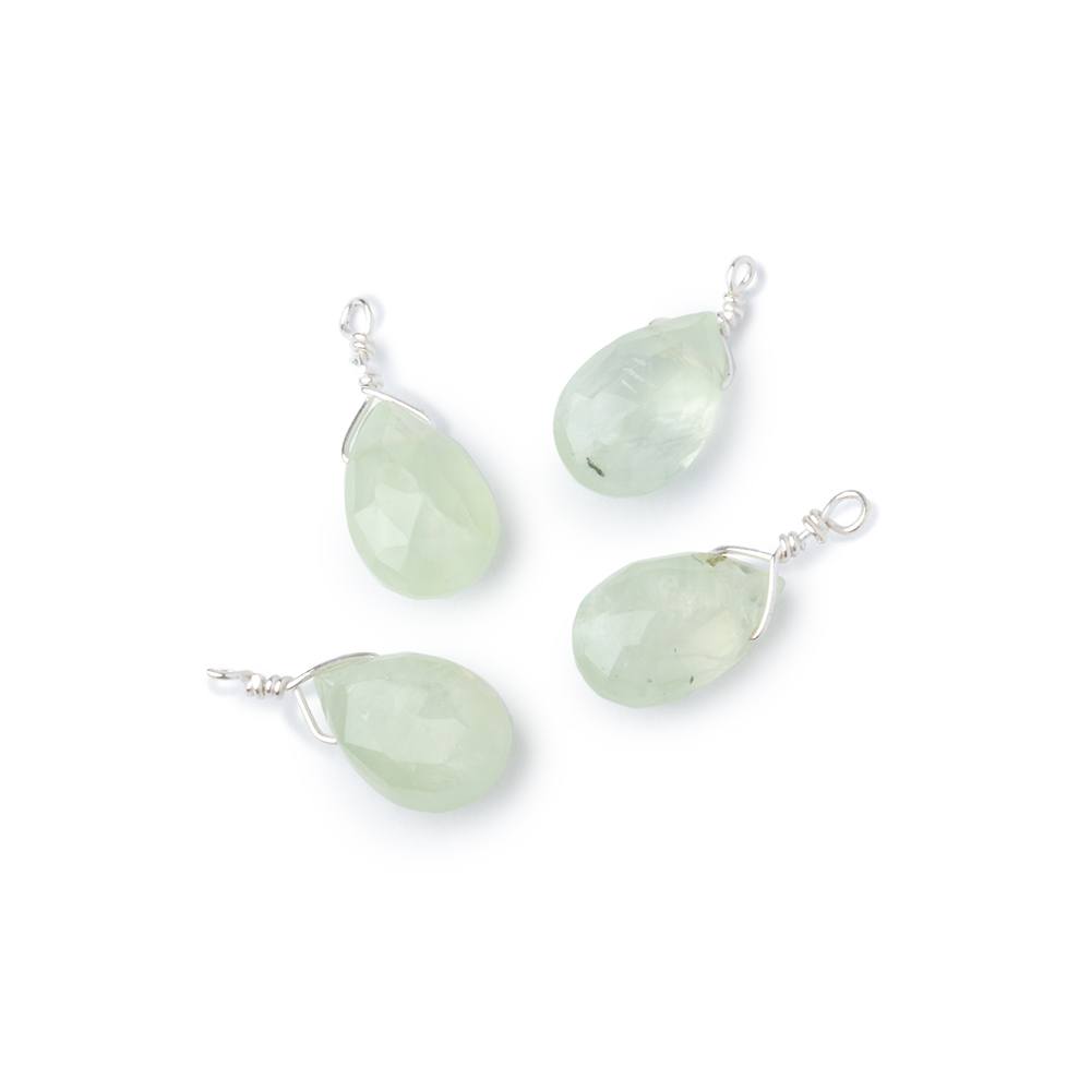 Set of 4 Silver Wire Wrapped 9x6mm Prehnite Faceted Pear Focals (ONLINE ORDER ONLY)
