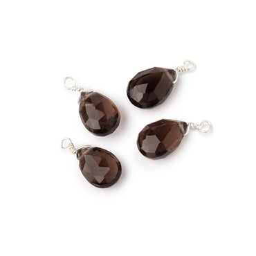 Set of 4 Silver Wire Wrapped 9x6mm Smoky Quartz Faceted Pear Focals (ONLINE ORDER ONLY)