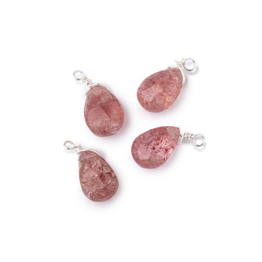 Set of 4 Silver Wire Wrapped 9x6mm Strawberry Quartz Faceted Pear Focals (ONLINE ORDER ONLY)